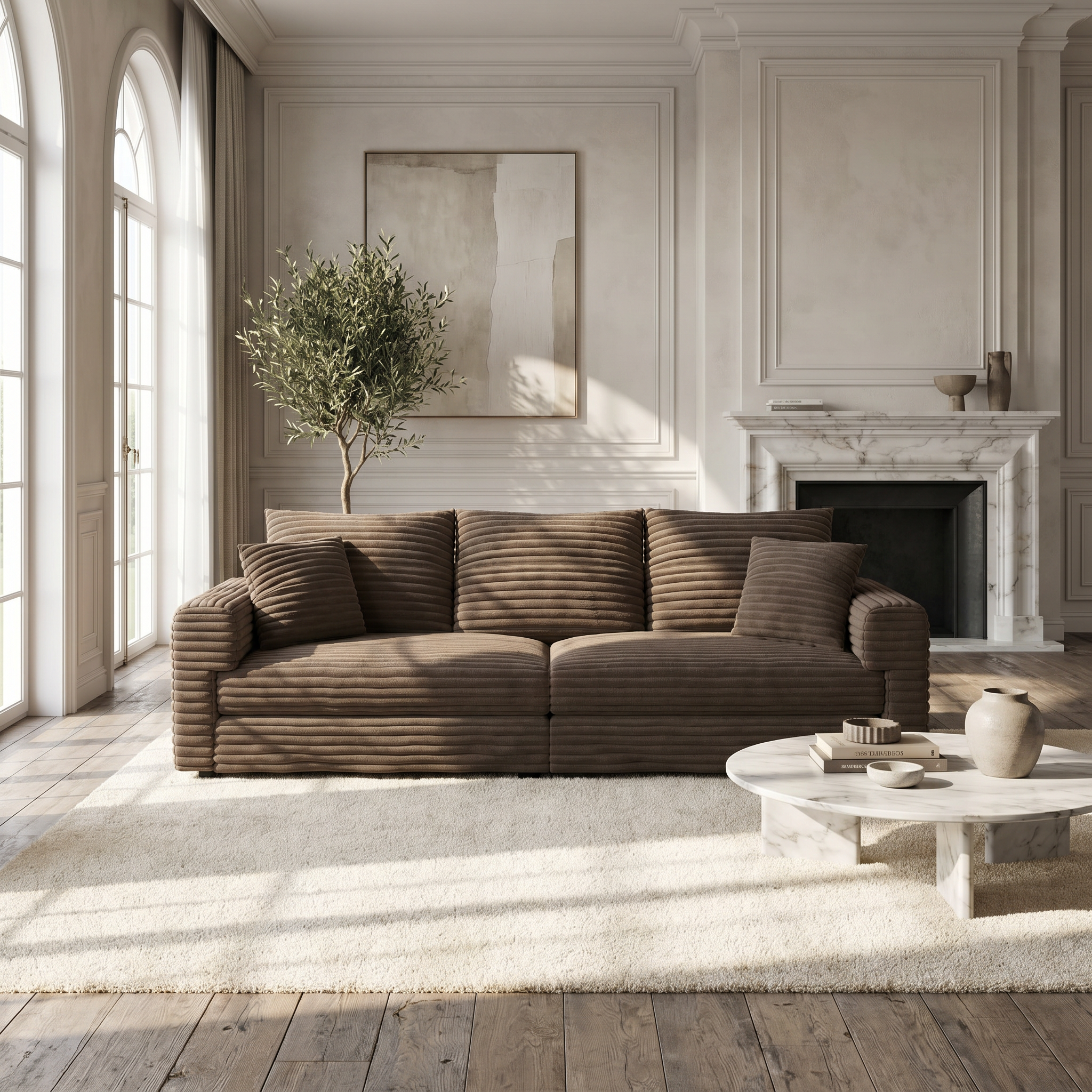 Norwalk light camel sofa showing lifestyle living room with fireplace