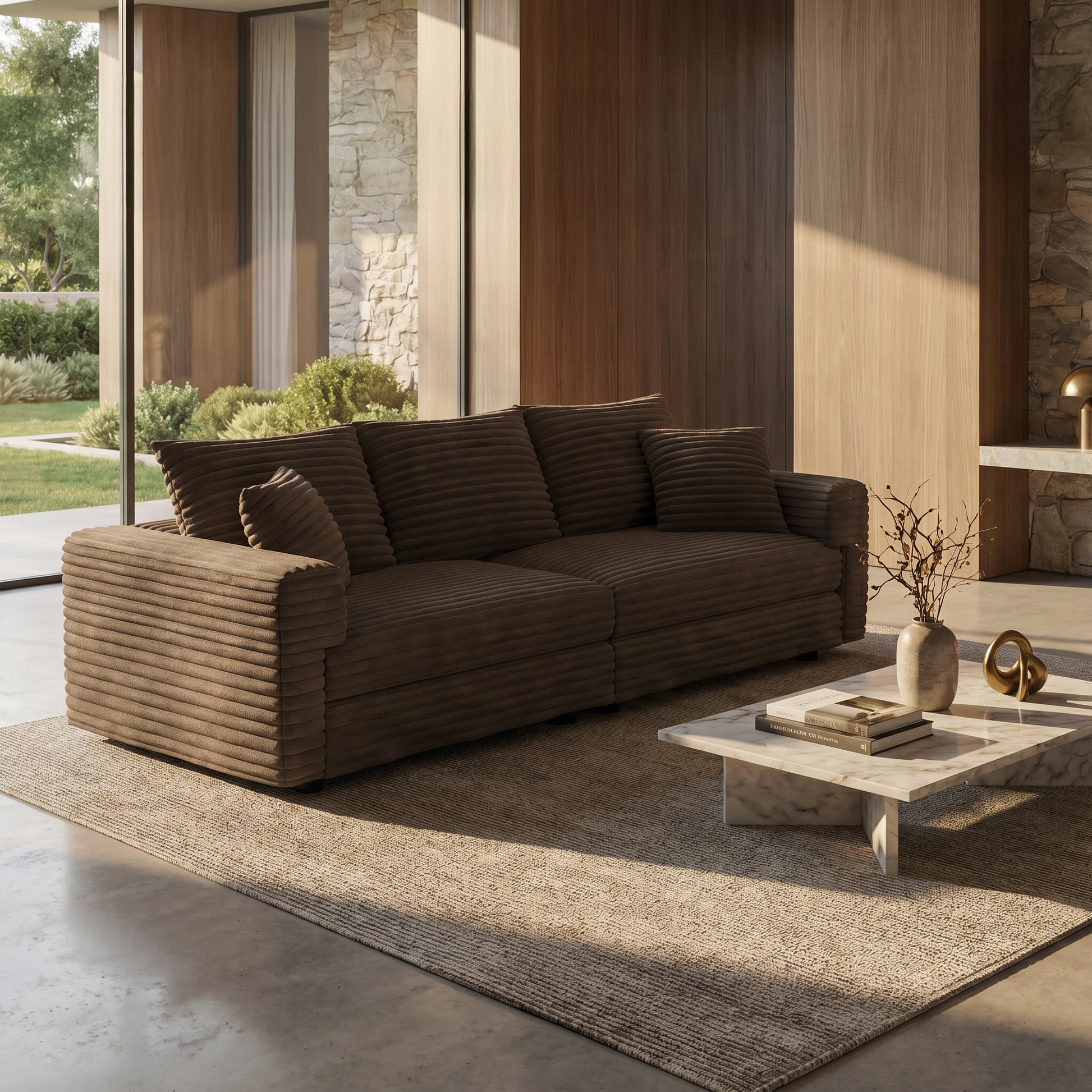  Norwalk light camel sofa showing lifestyle living room with large windows