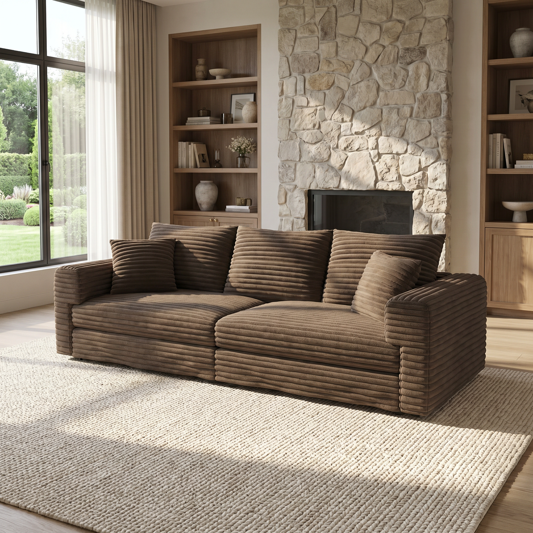 Norwalk light camel sofa showing lifestyle living room with stone fireplace