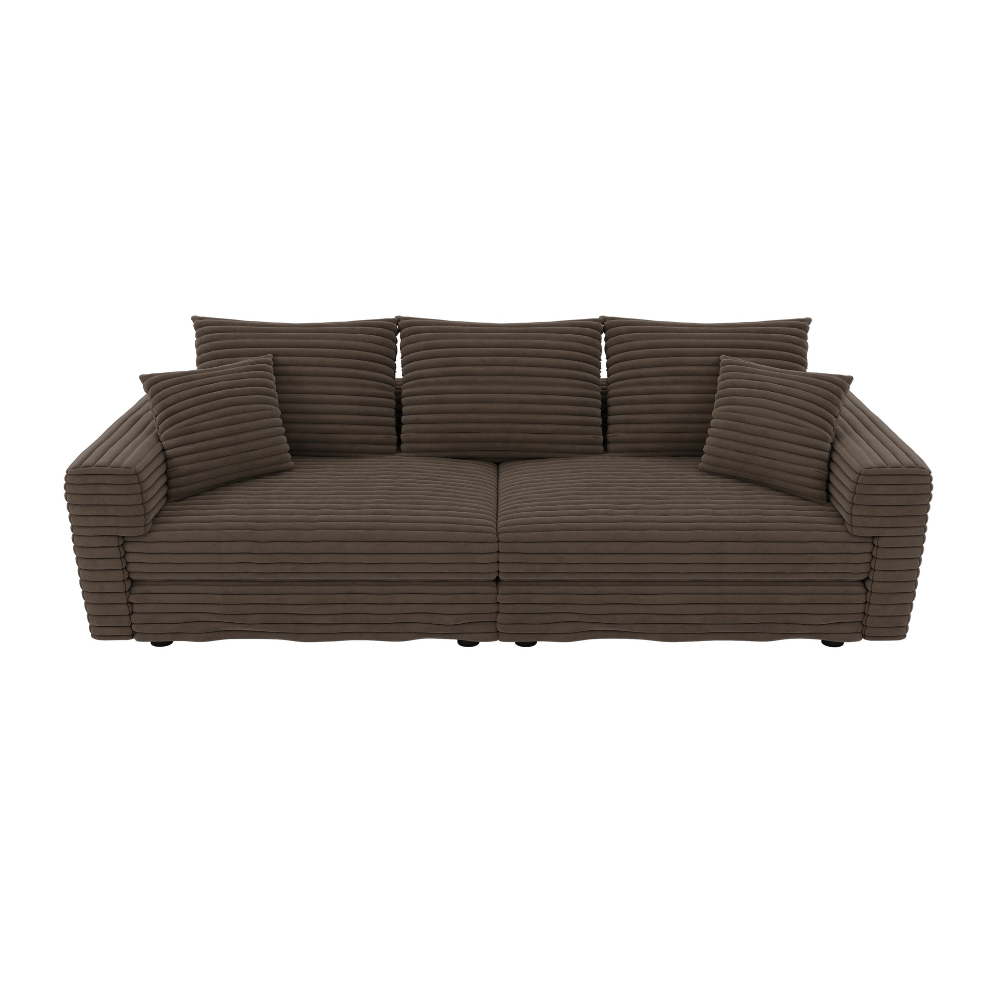 Norwalk light camel sofa showing front view on white background