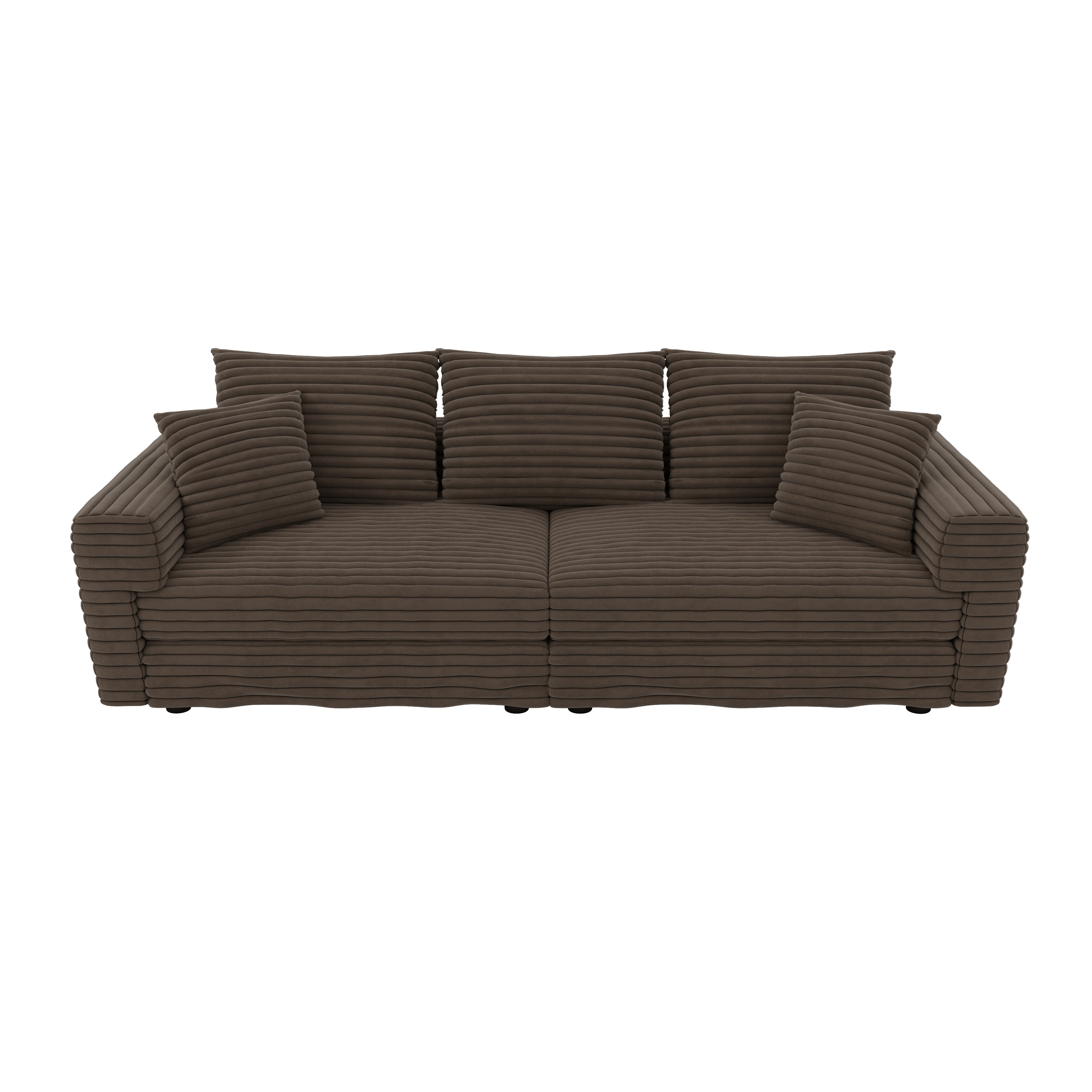 Norwalk light camel sofa showing front view on white background