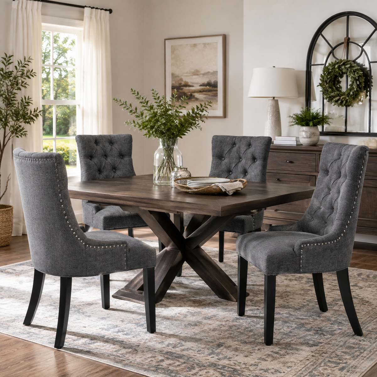 Nutton gray dining chair showing lifestyle view with wood dining table