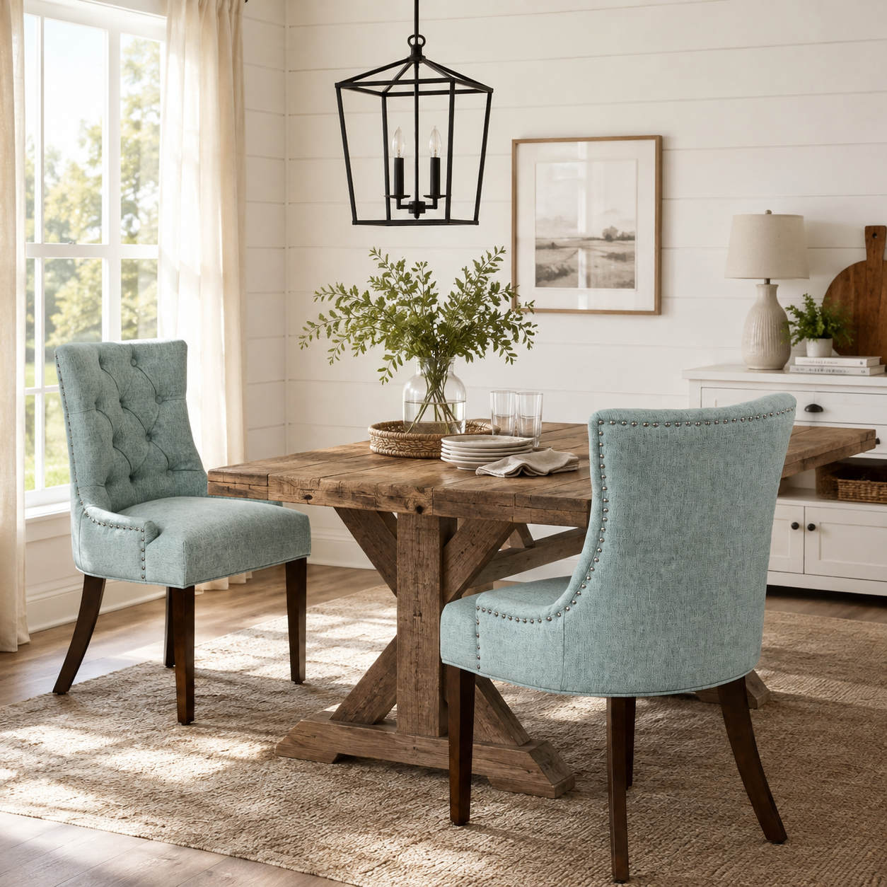 Nutton light green dining chair showing lifestyle view in bright dining room