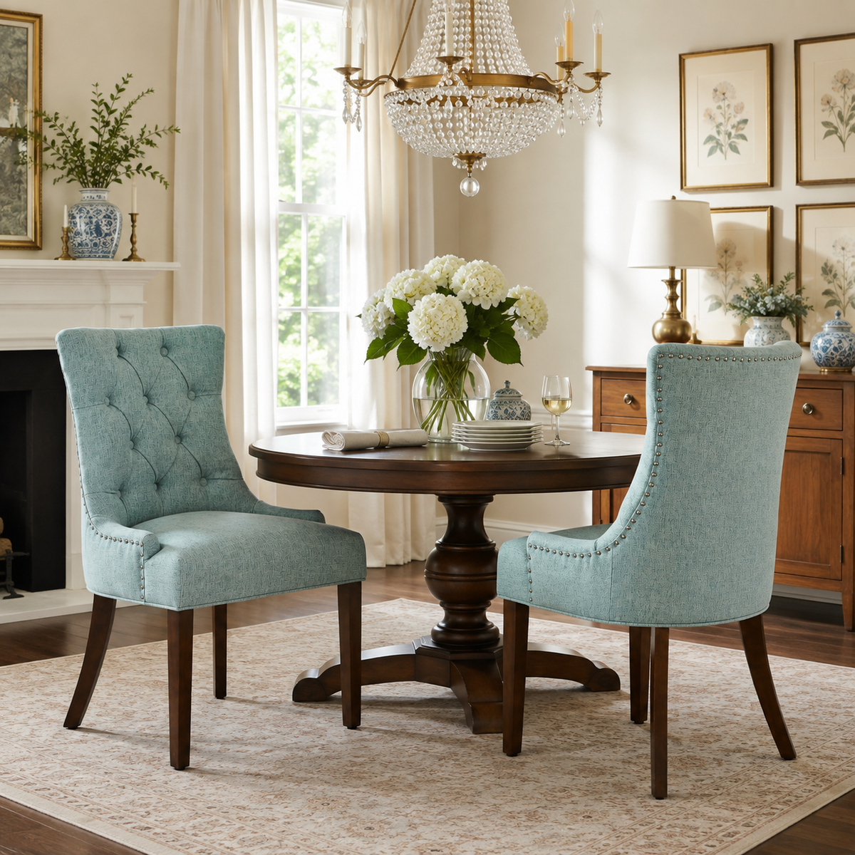 Nutton light green dining chair showing lifestyle view around round table