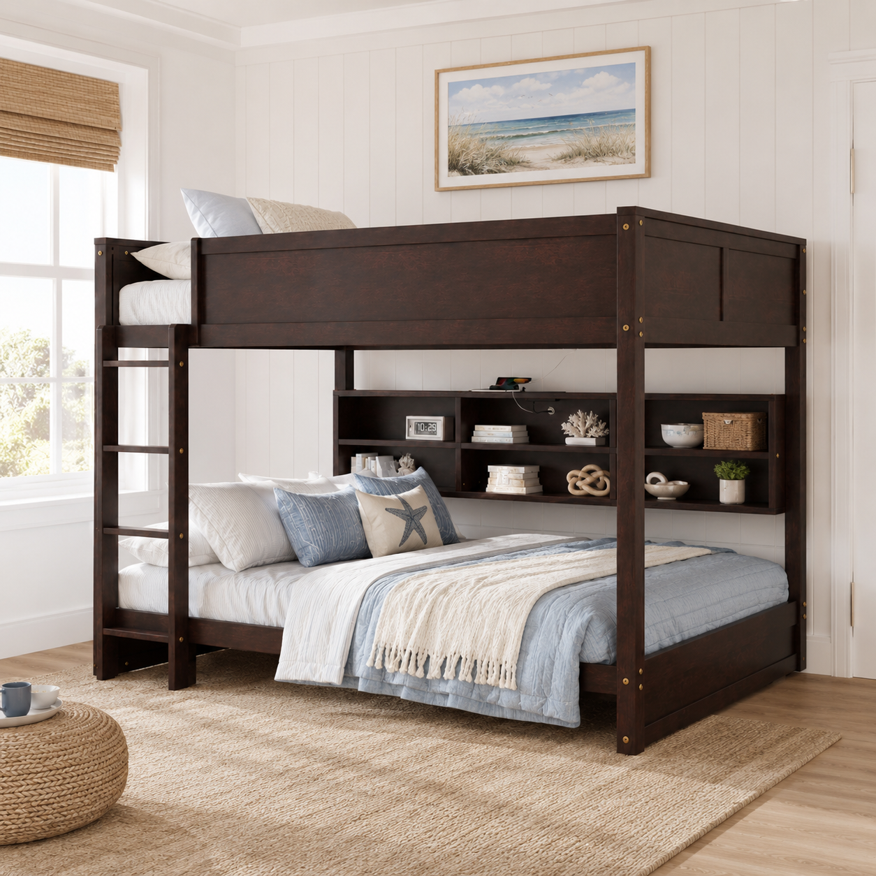 Nyla brown bunk bed showing a queen over queen bunk bed with storage cabinets in a cozy bedroom