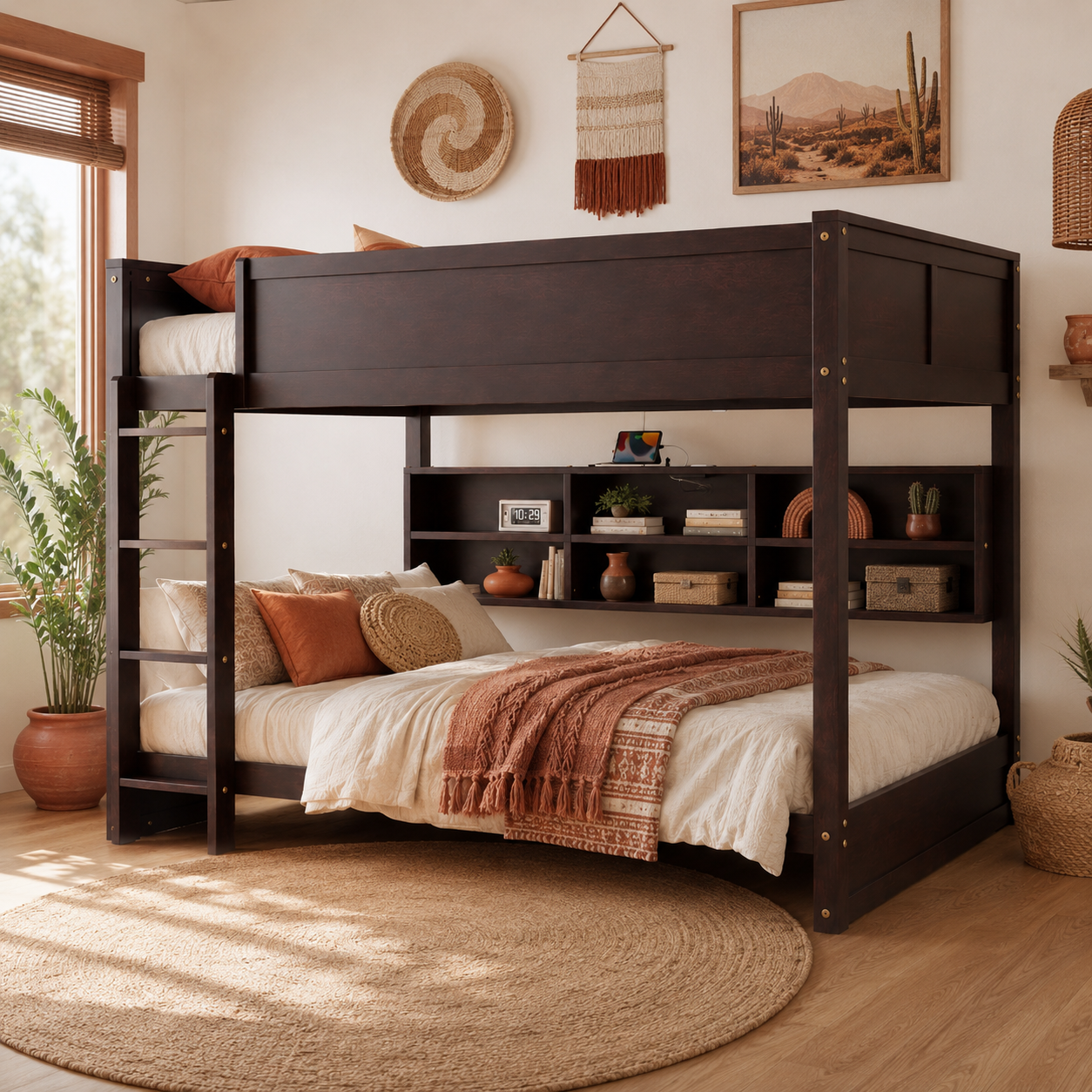 Nyla brown bunk bed showing a side room view with bunk frame and built-in storage