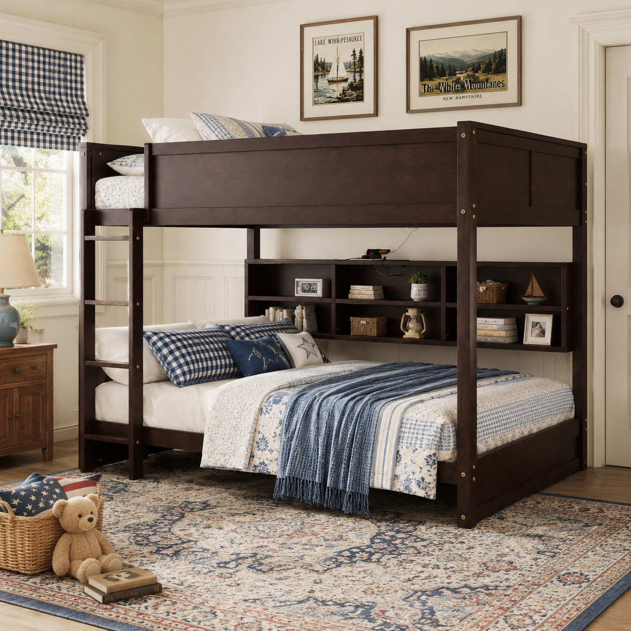 Nyla brown bunk bed showing a warm bedroom scene with storage shelves under the top bunk