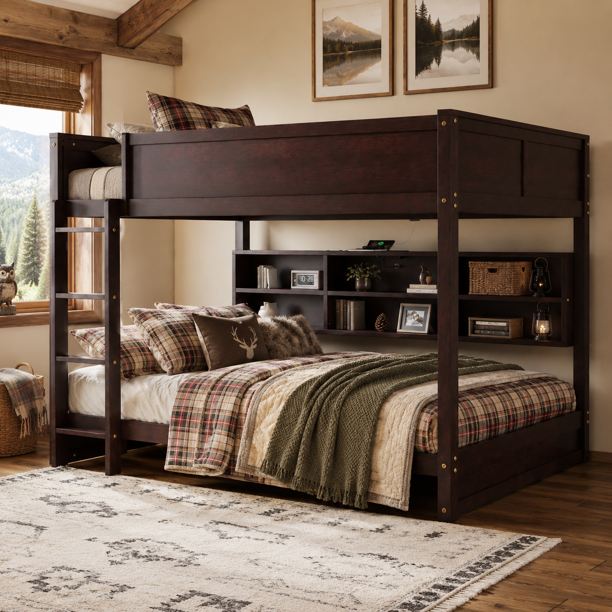 Nyla brown bunk bed showing a queen over queen bunk bed with dark wood finish in a bright bedroom