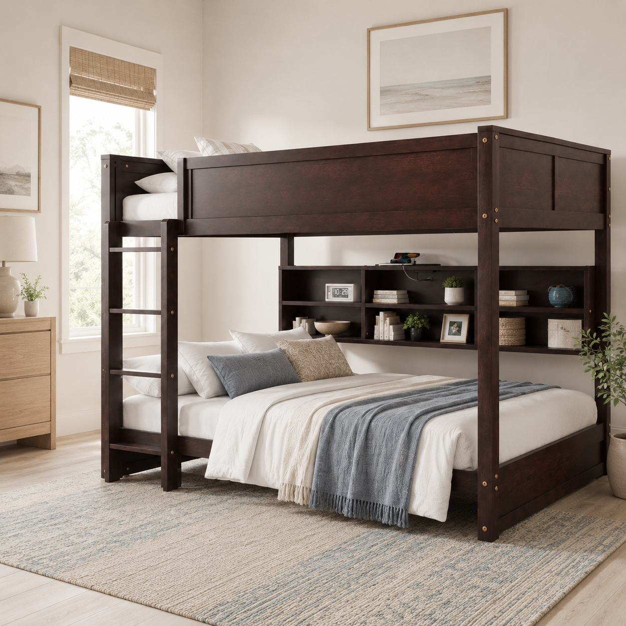 Nyla brown bunk bed showing a queen over queen bunk bed with dark wood finish in a bright bedroom