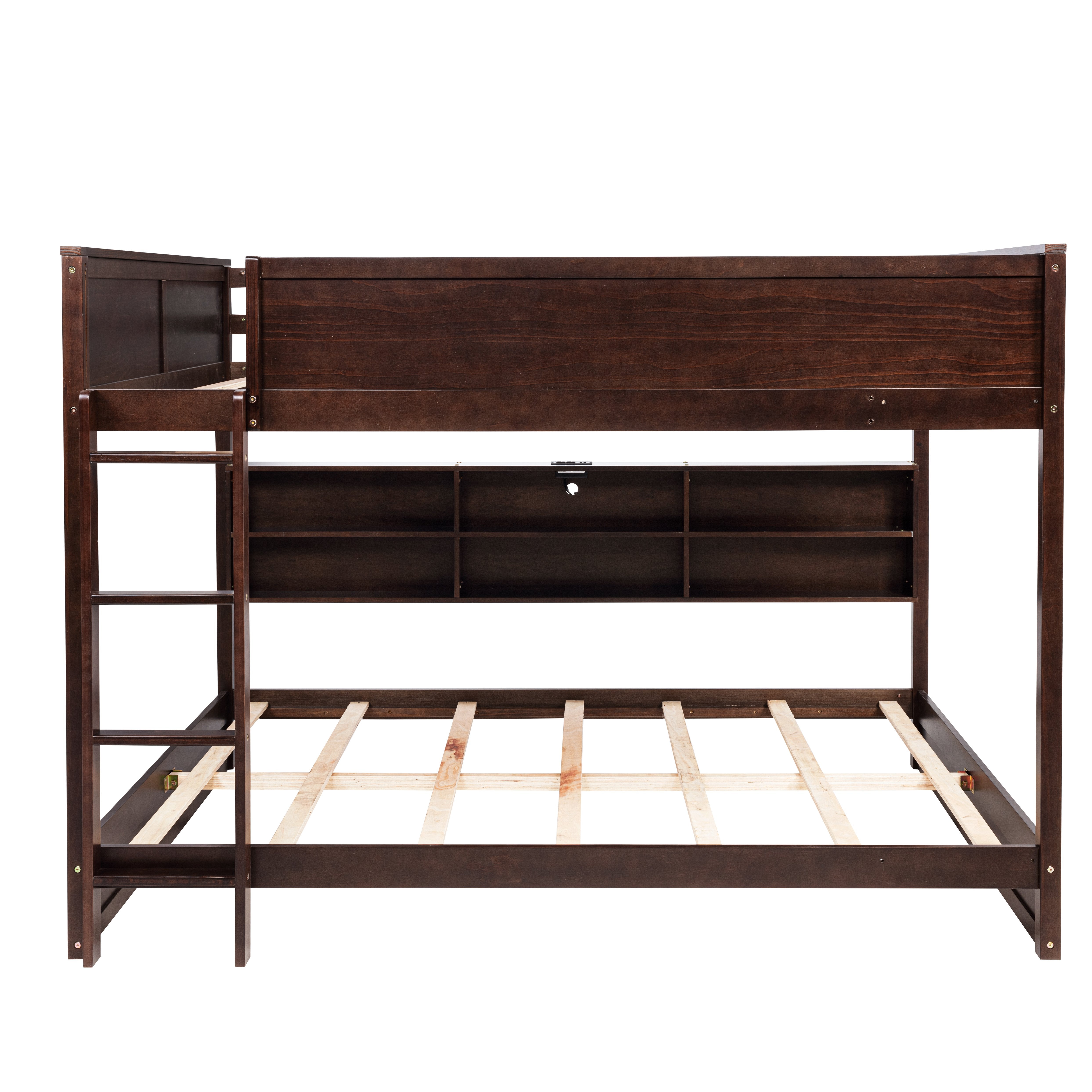 Nyla brown bunk bed showing the front view with storage cabinets on white background