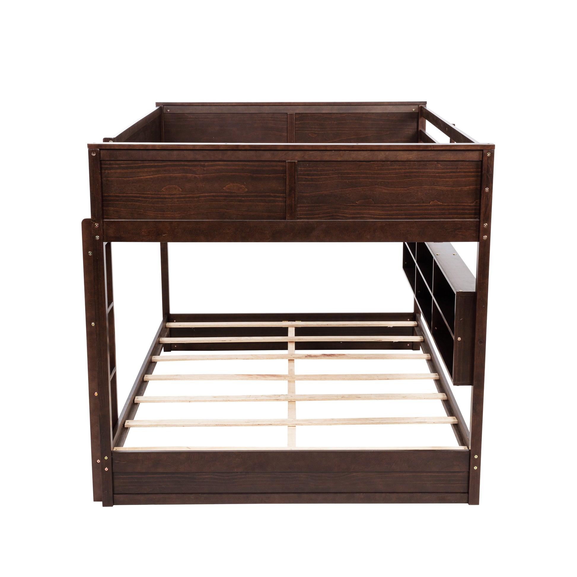 Nyla brown bunk bed showing the side view with slatted lower bed base on white background