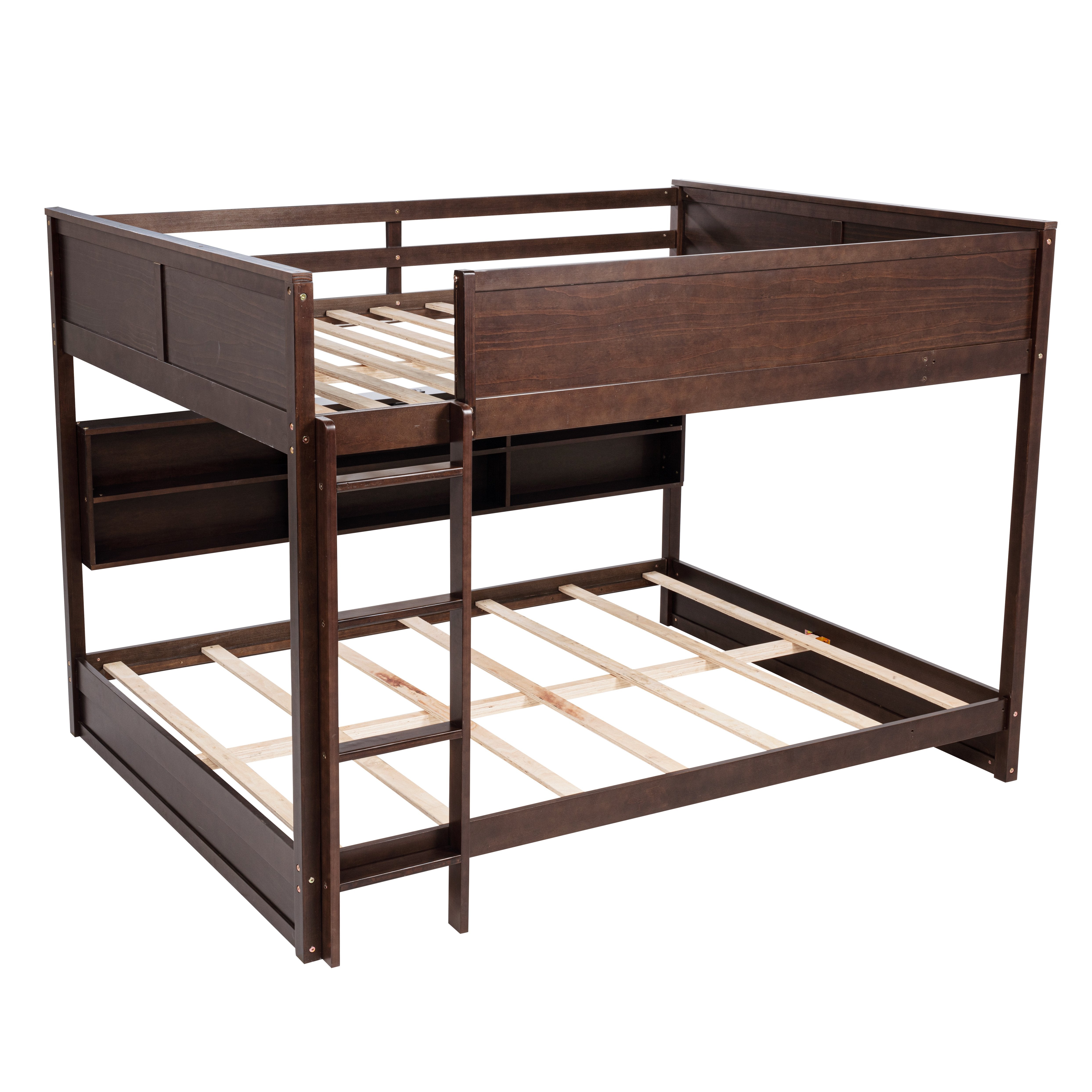 Nyla brown bunk bed showing a side angled view with shelving and lower bed frame on white background