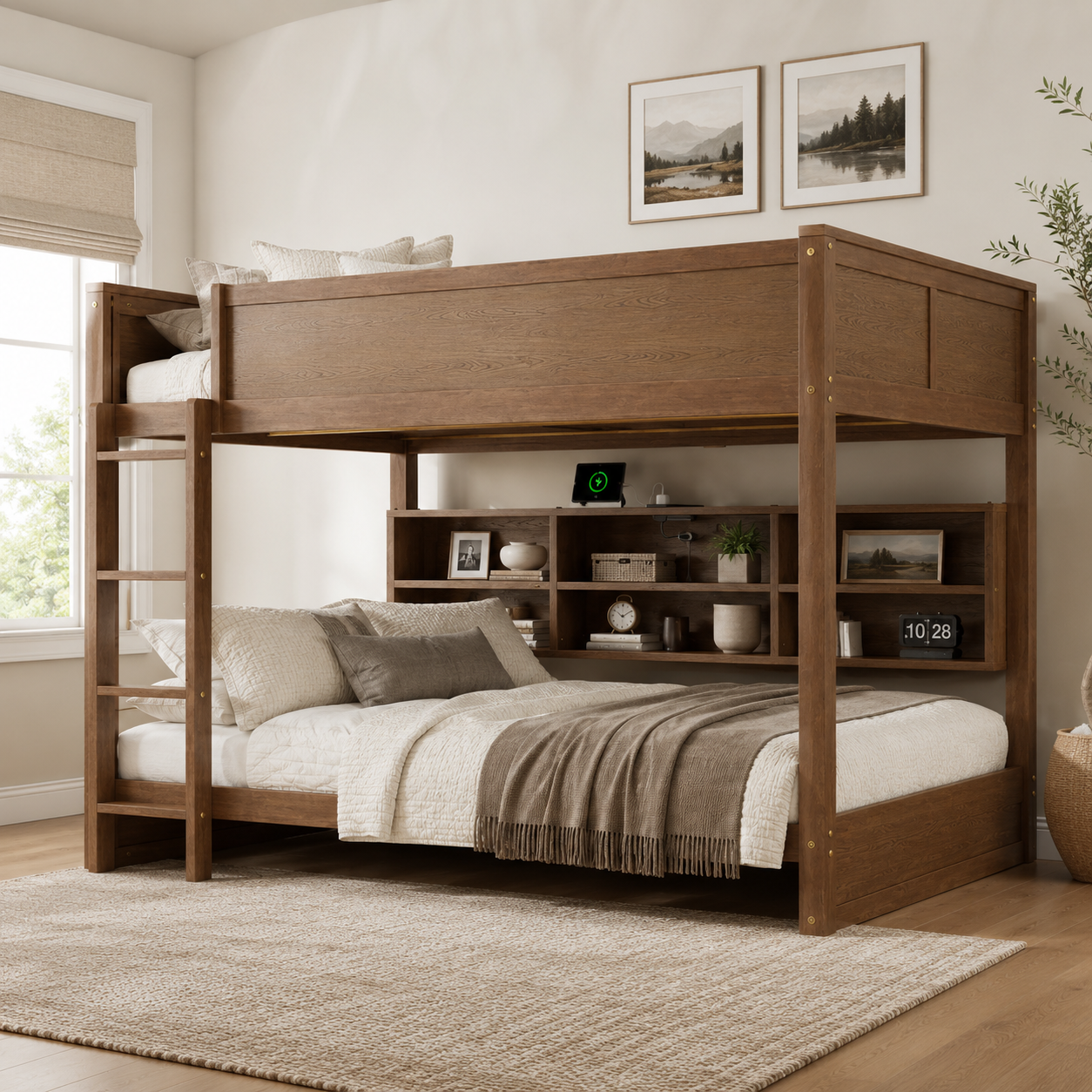 Nyla oak bunk bed showing a queen over queen bunk bed in a warm bedroom