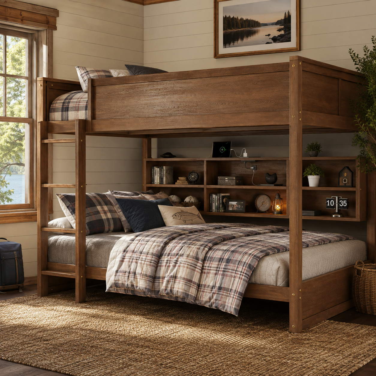 Nyla oak bunk bed showing a bright bedroom scene with storage cabinets beneath the upper bunk