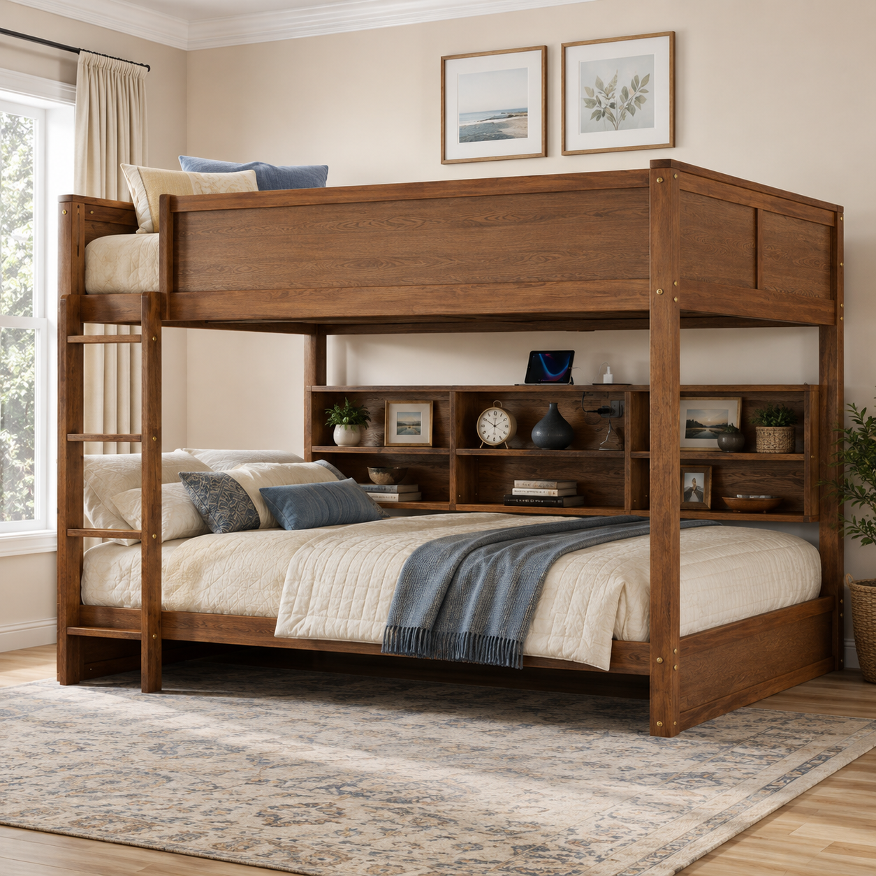 Nyla oak bunk bed showing a front bedroom view with built-in storage and shelving