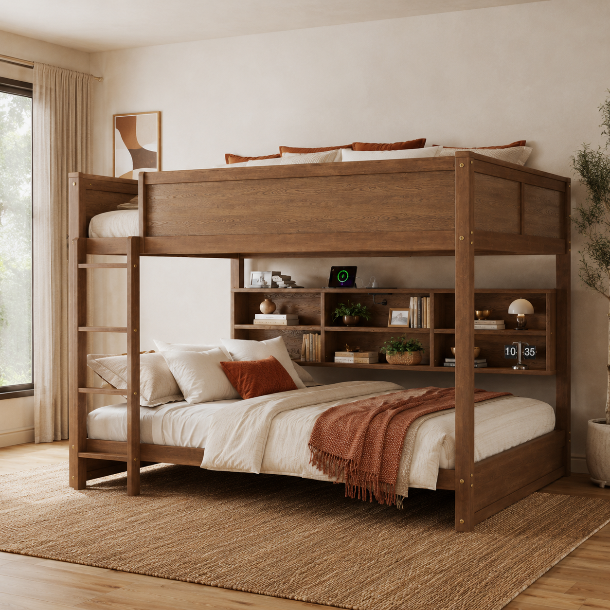 Nyla oak bunk bed showing a front bedroom view with built-in storage and shelving