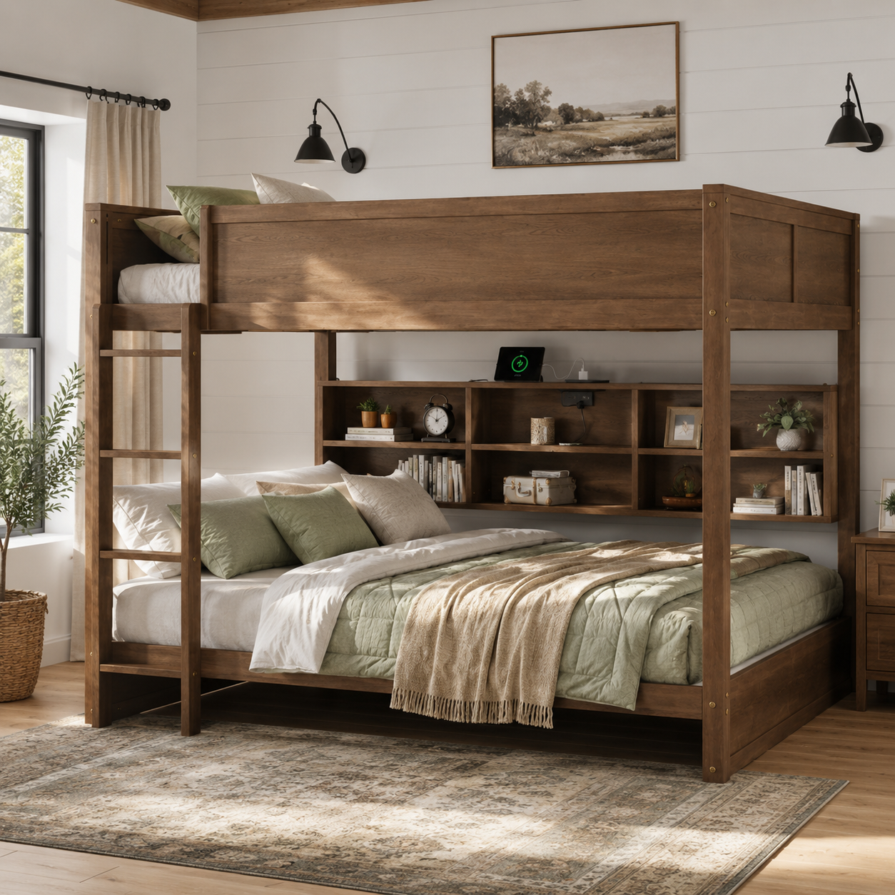 Nyla oak bunk bed showing a front bedroom view with built-in storage and shelving