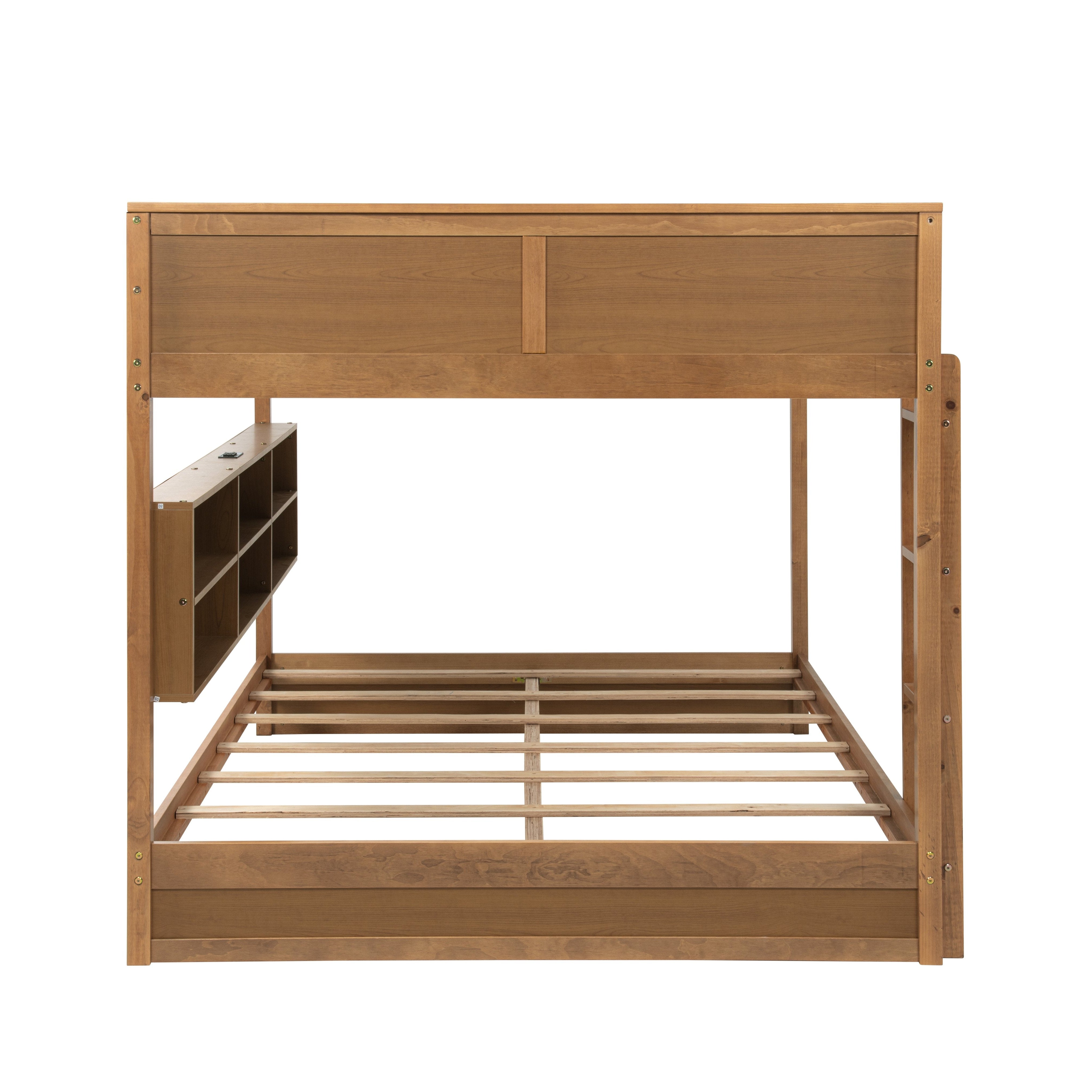 Nyla oak bunk bed showing a side view with storage cabinets and lower bed frame on white background