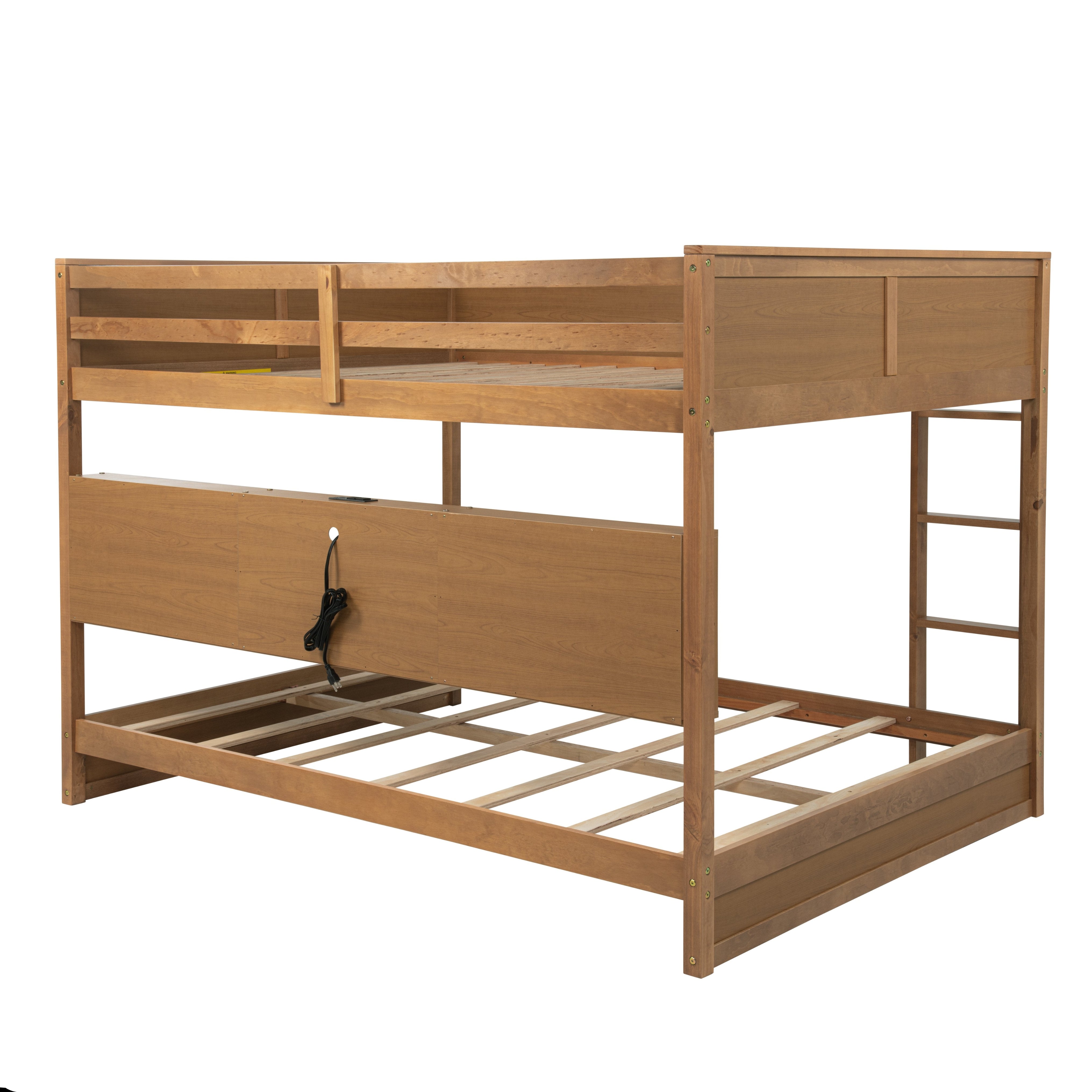 Nyla oak bunk bed showing a side angled view with storage cabinets and lower bed frame on white background