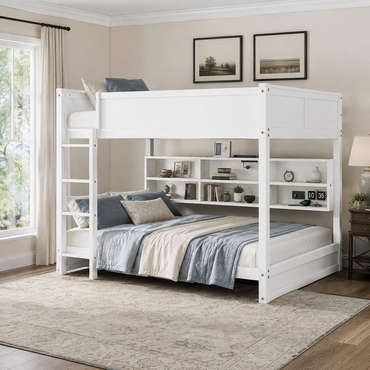 Nyla white bunk bed showing a queen over queen bunk bed in a bright bedroom