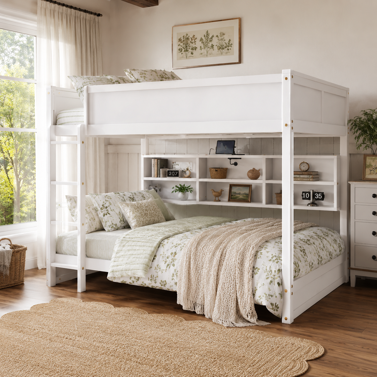 Nyla white bunk bed showing a queen over queen bunk bed with storage cabinets beneath the top bunk