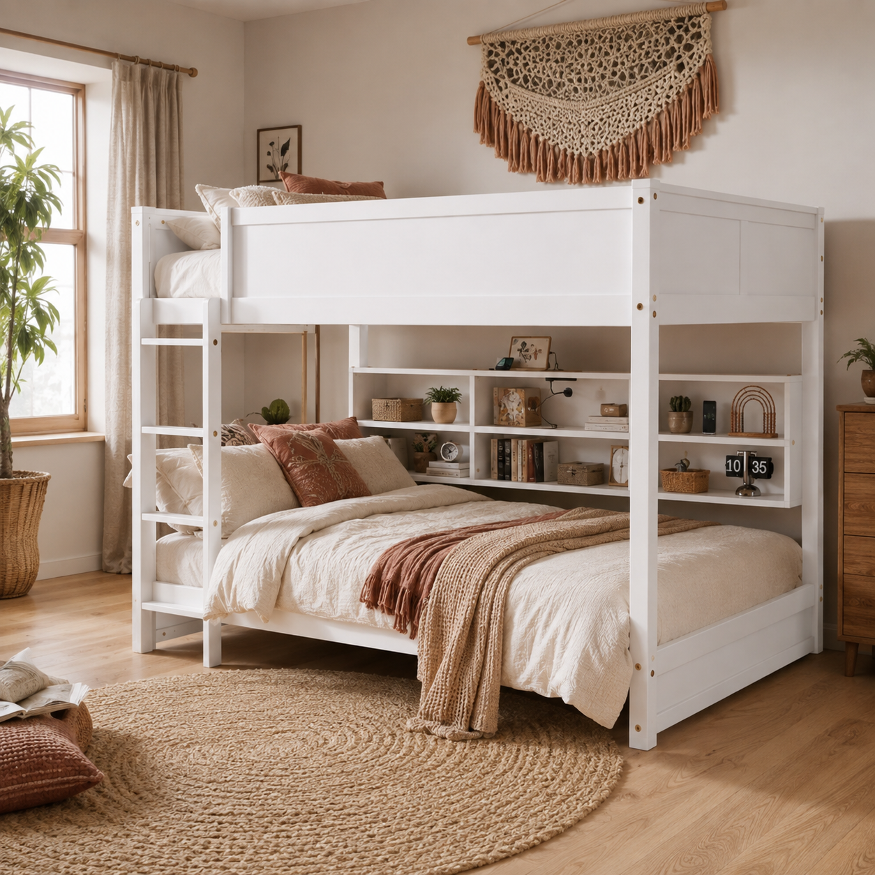 Nyla white bunk bed showing a bright bedroom scene with storage shelves and full bunk frame