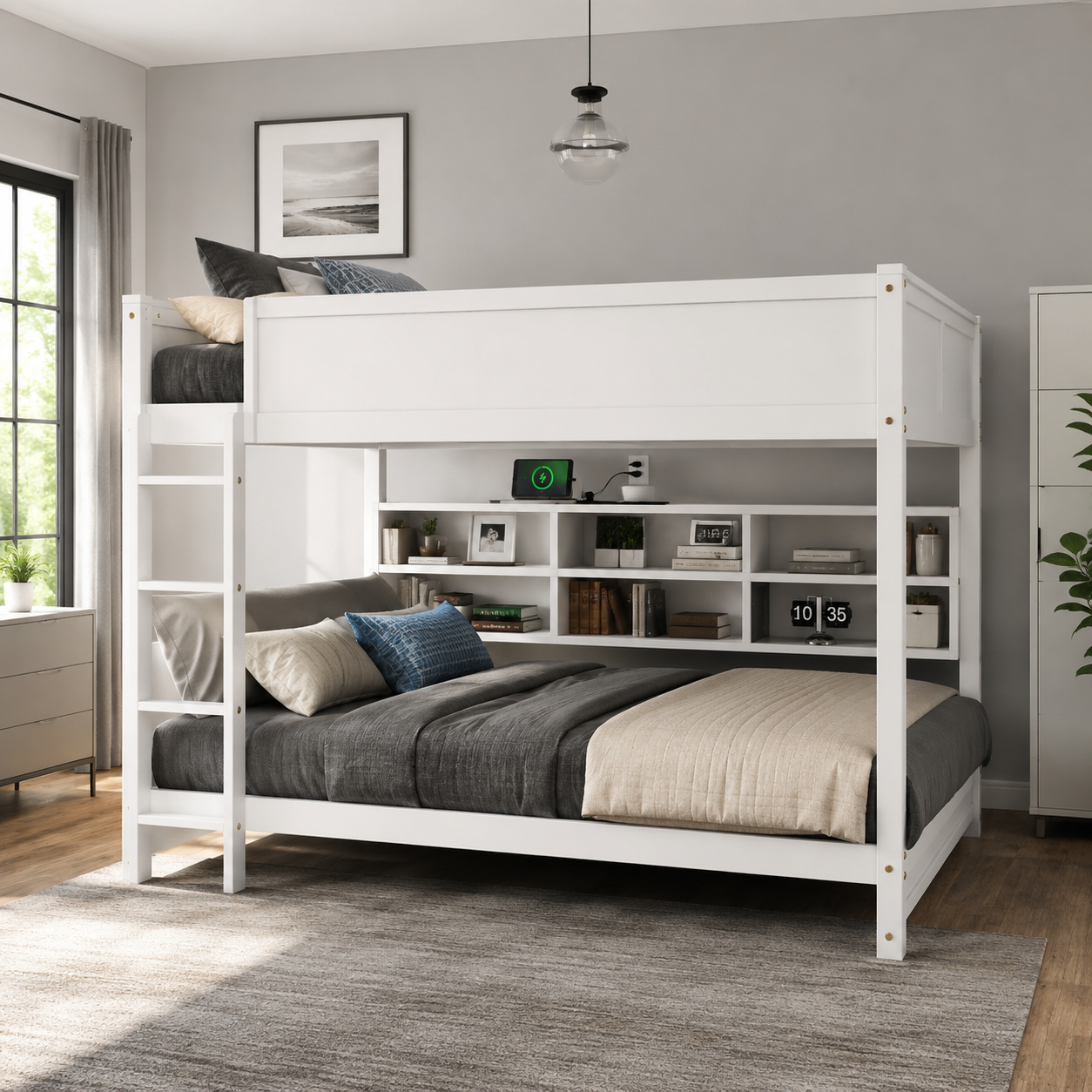 Nyla white bunk bed showing a bedroom setup with guardrails and underbunk storage