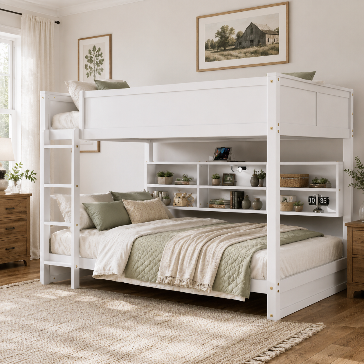 Nyla white bunk bed showing a front angled room view with storage cabinets and charging station