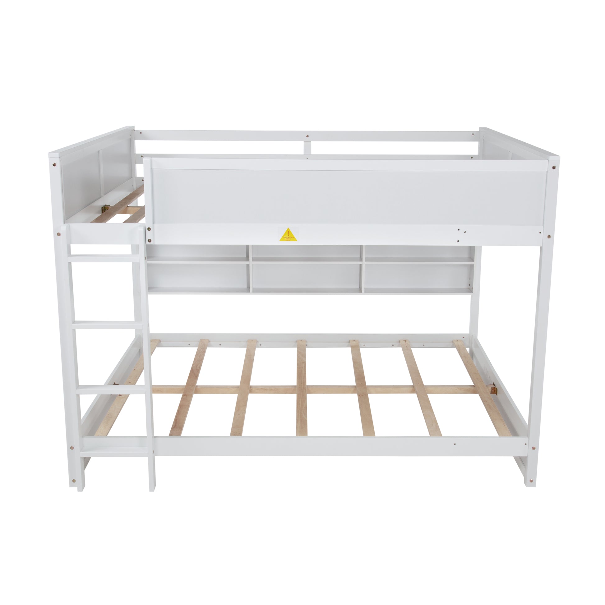 Nyla white bunk bed showing the front view with storage cabinets on white background