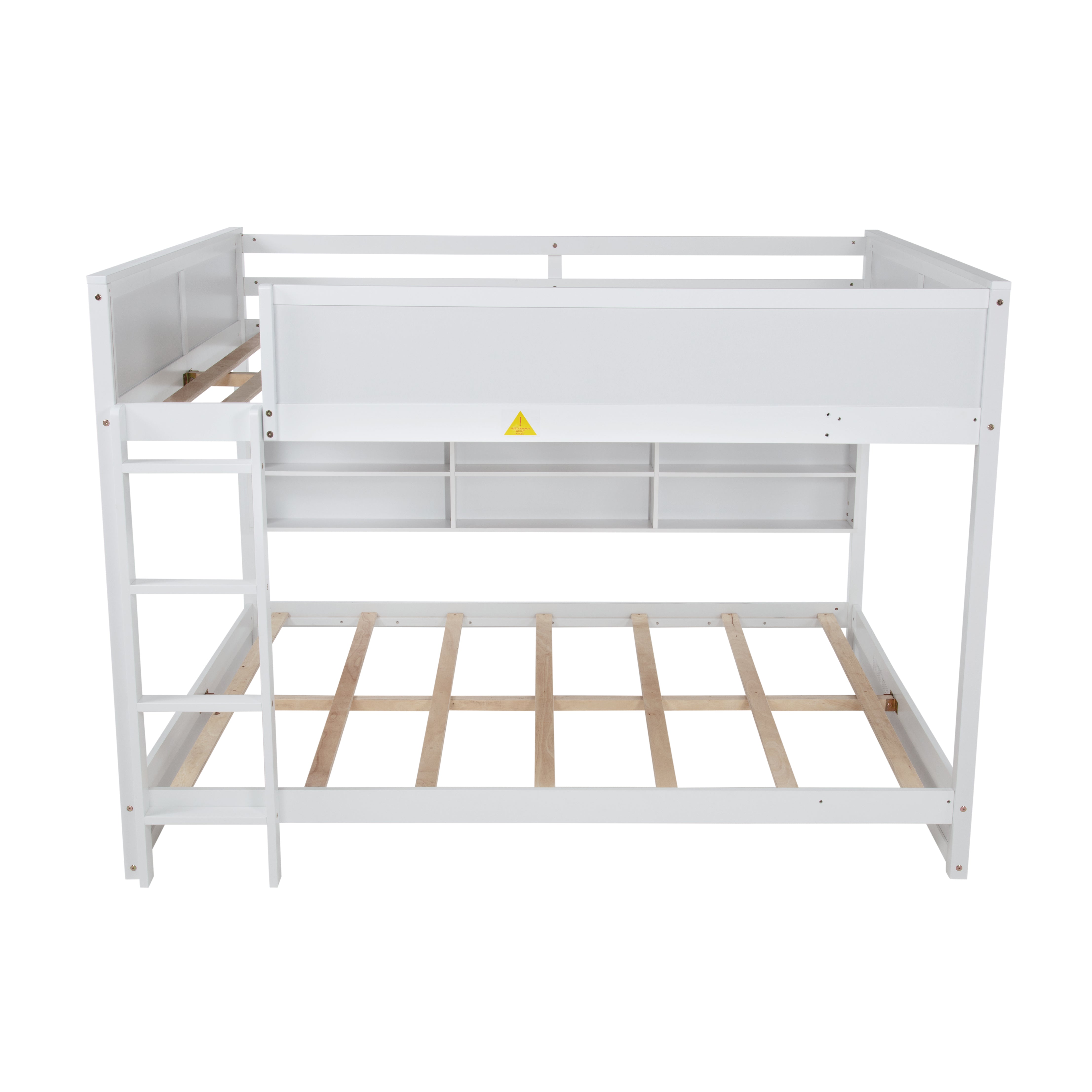 Nyla white bunk bed showing the front view with storage cabinets on white background