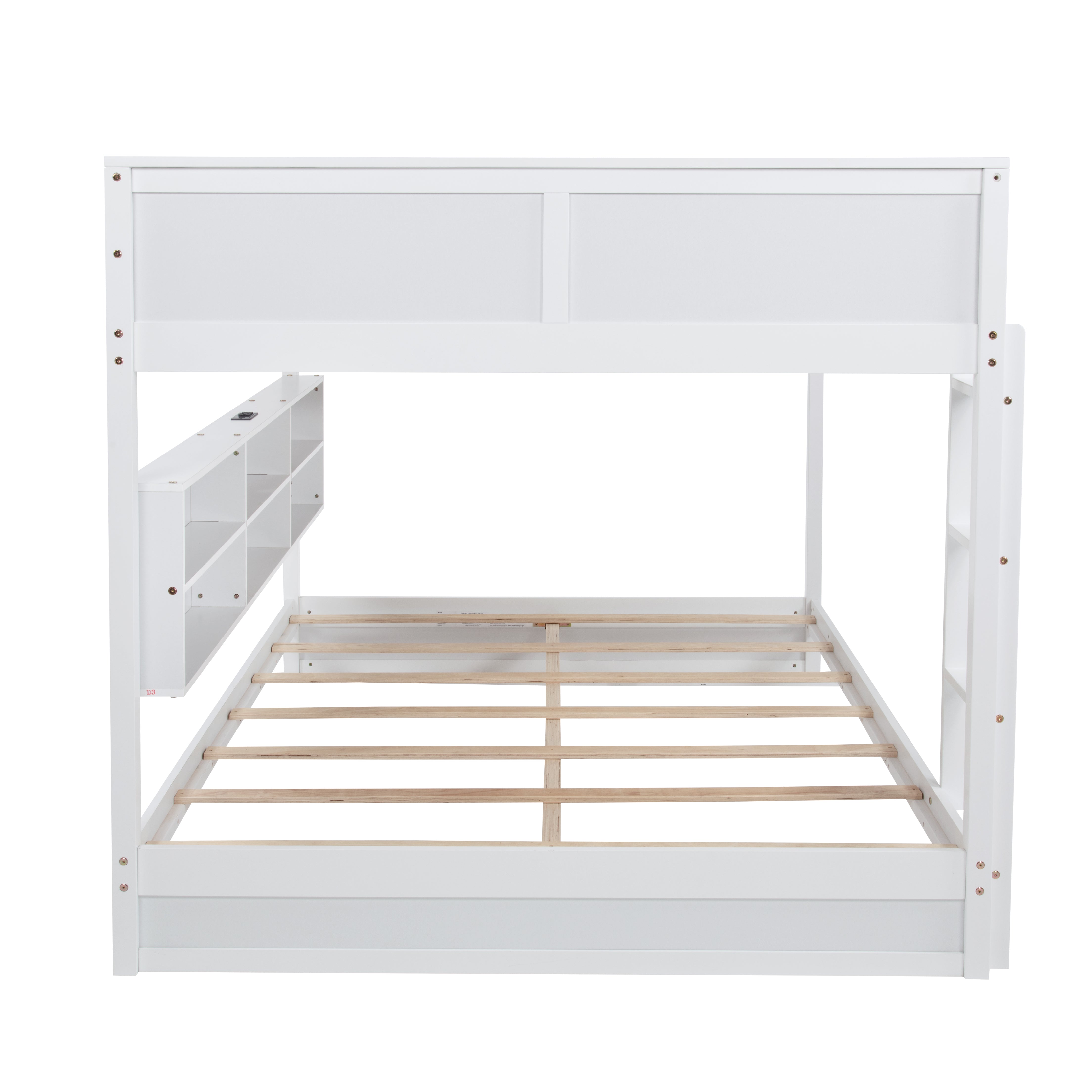 Nyla white bunk bed showing a side  view with bunk frame and storage support on white background