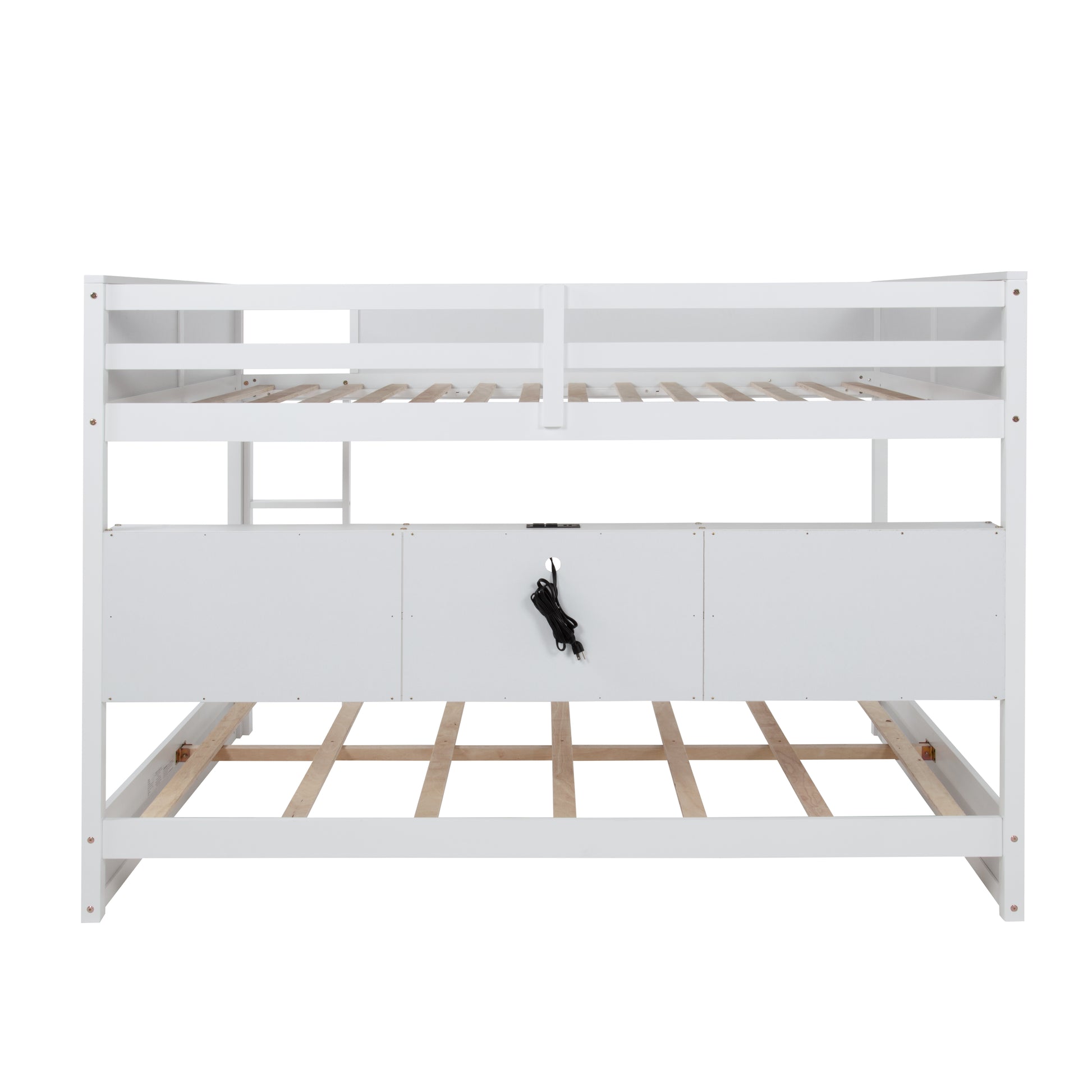 Nyla white bunk bed showing the rear view with built-in storage and guardrails on white background
