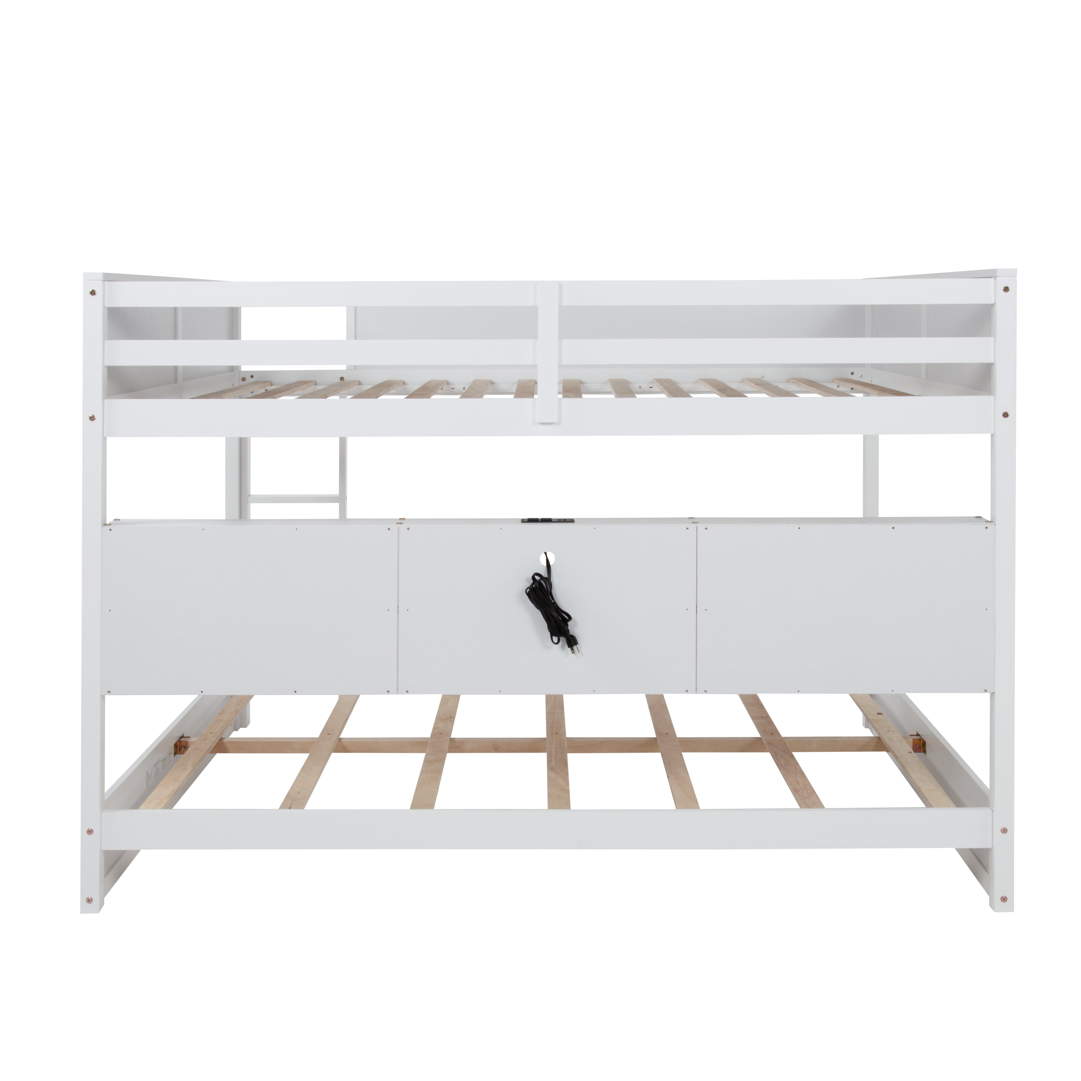Nyla white bunk bed showing the rear view with built-in storage and guardrails on white background