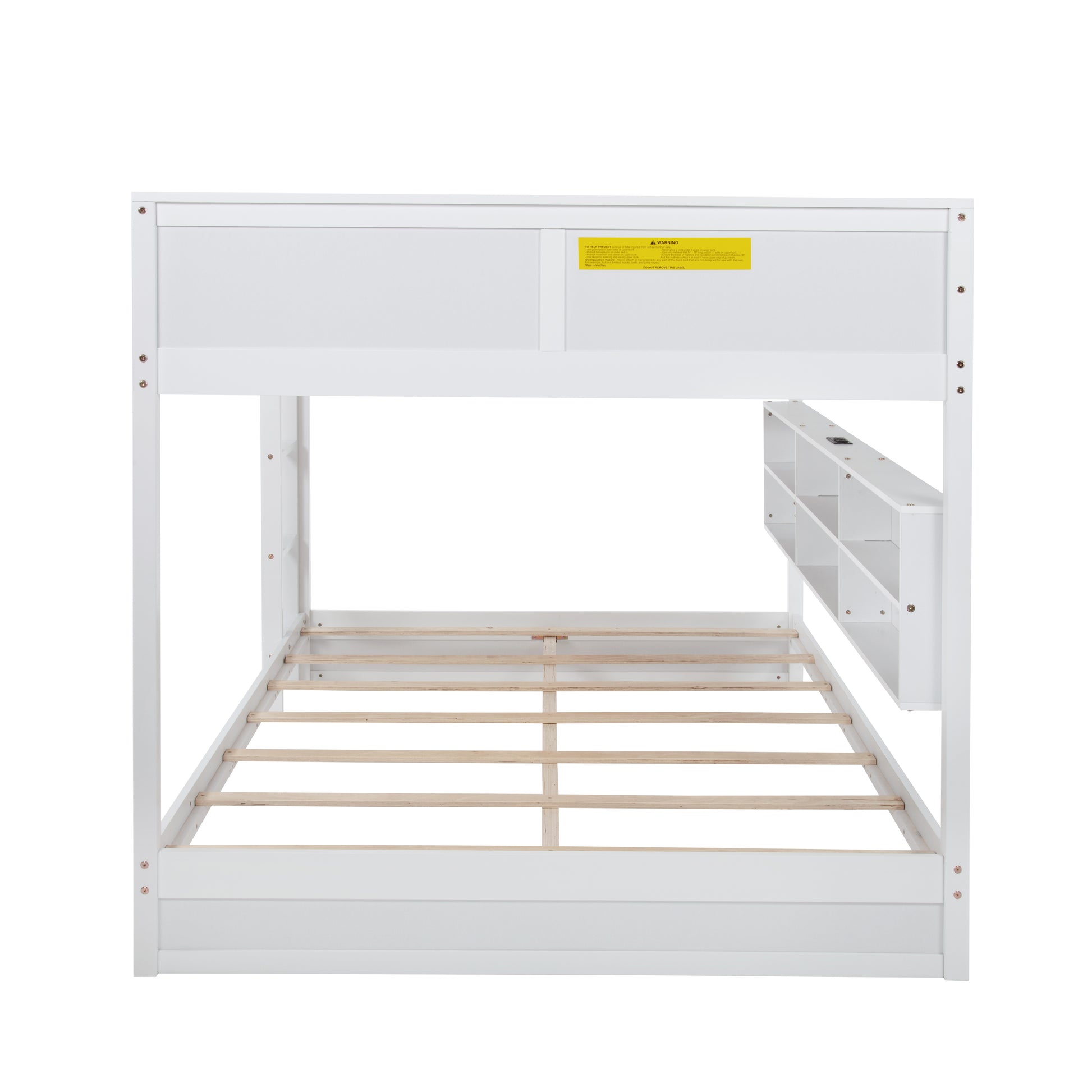 Nyla white bunk bed showing a side angled view with bunk frame and storage support on white background