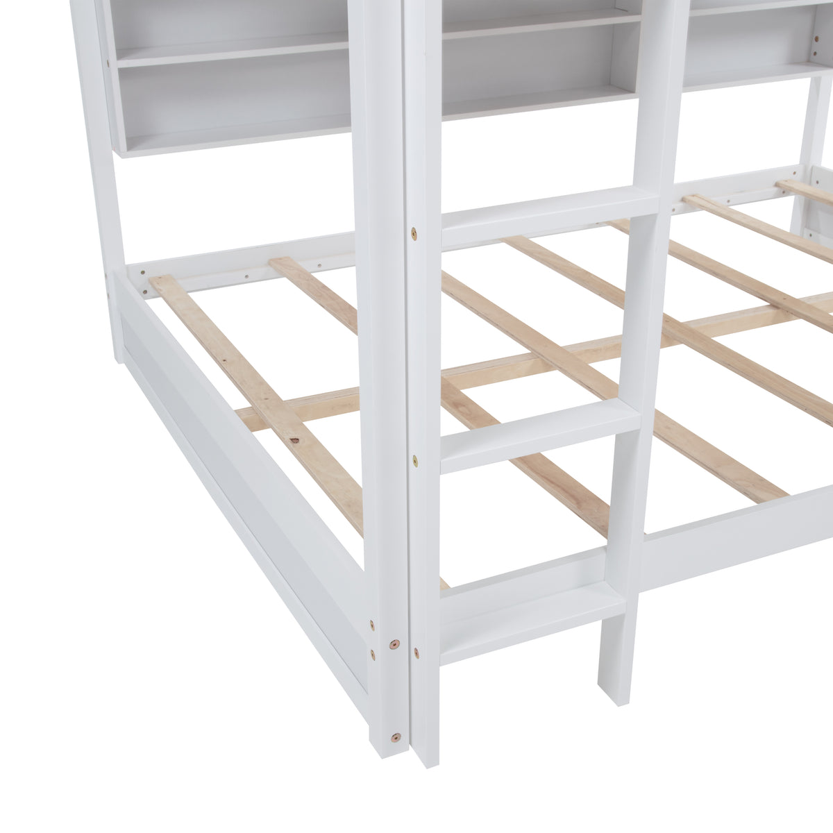Nyla white queen over queen solid pine bunk bed close-up of the upper bunk slat support and side frame