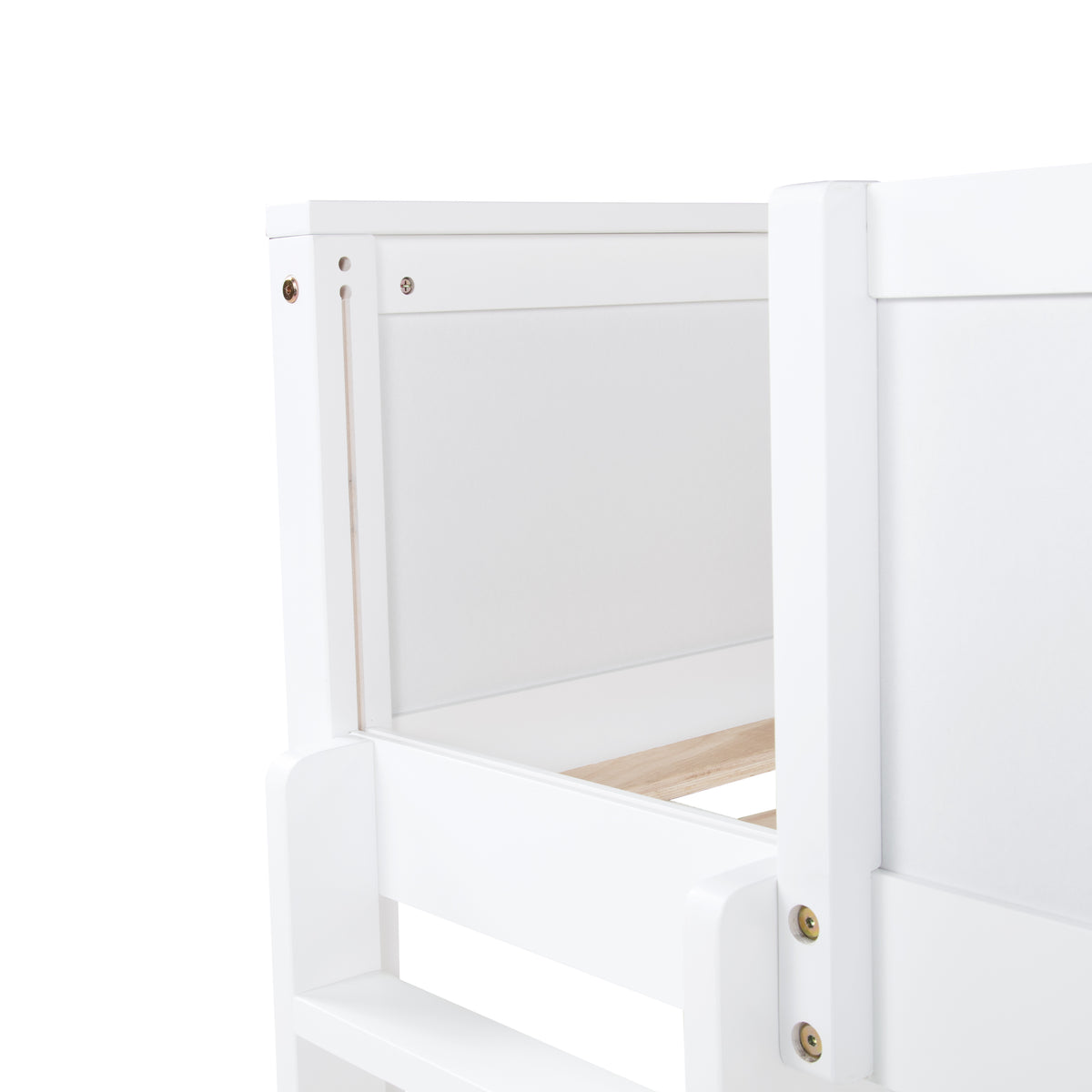 Nyla white queen over queen solid pine bunk bed close-up of the side opening and inner frame structure