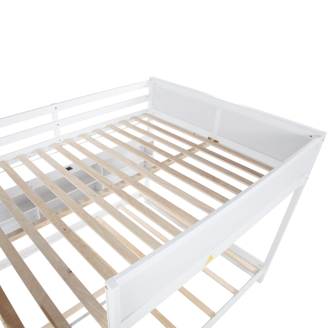Nyla white queen over queen solid pine bunk bed close-up of the wooden slat platform