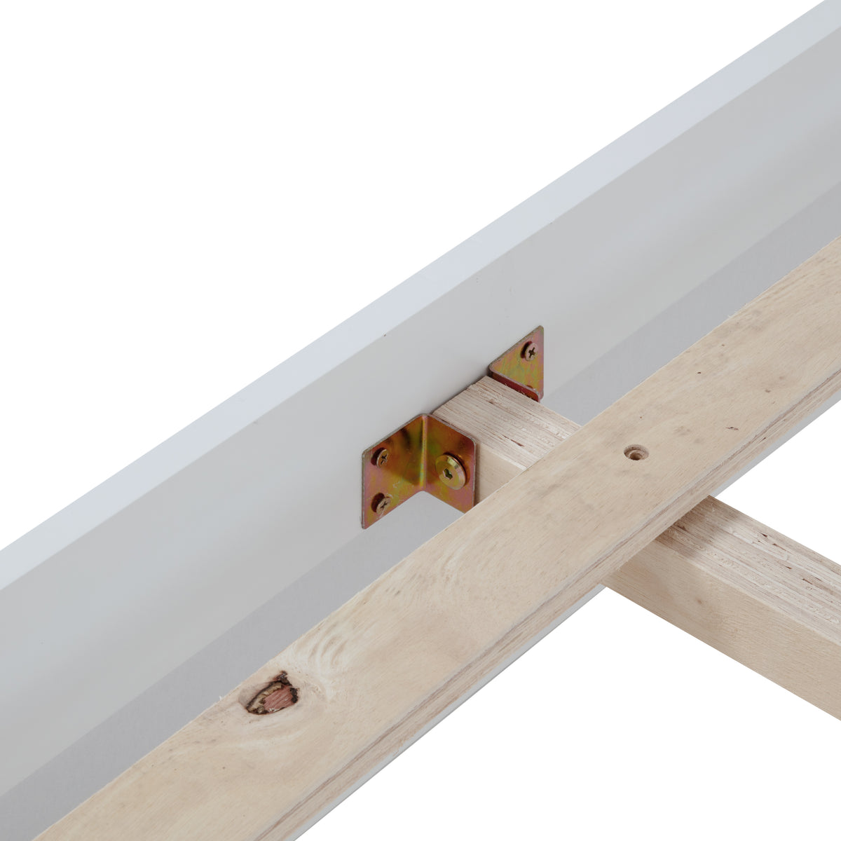 Nyla white queen over queen solid pine bunk bed close-up of the side rail hardware and frame connection