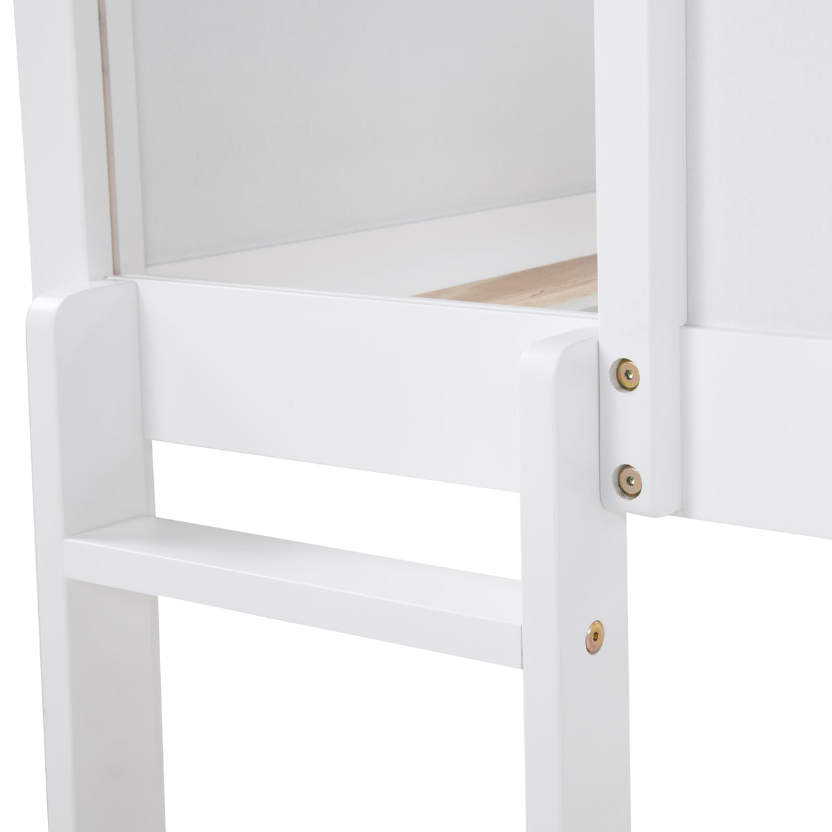 Nyla white queen over queen solid pine bunk bed close-up of the ladder and guardrail detail