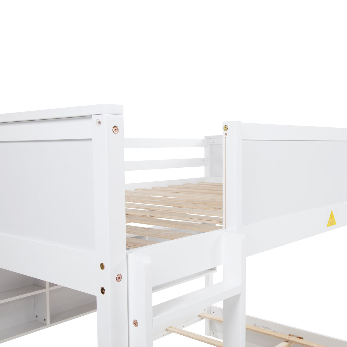 Nyla white queen over queen solid pine bunk bed close-up of the frame corner and slat support