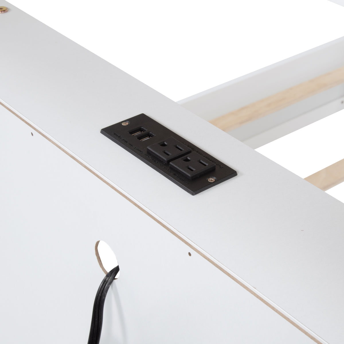 Nyla white queen over queen solid pine bunk bed close-up of the built-in charging station