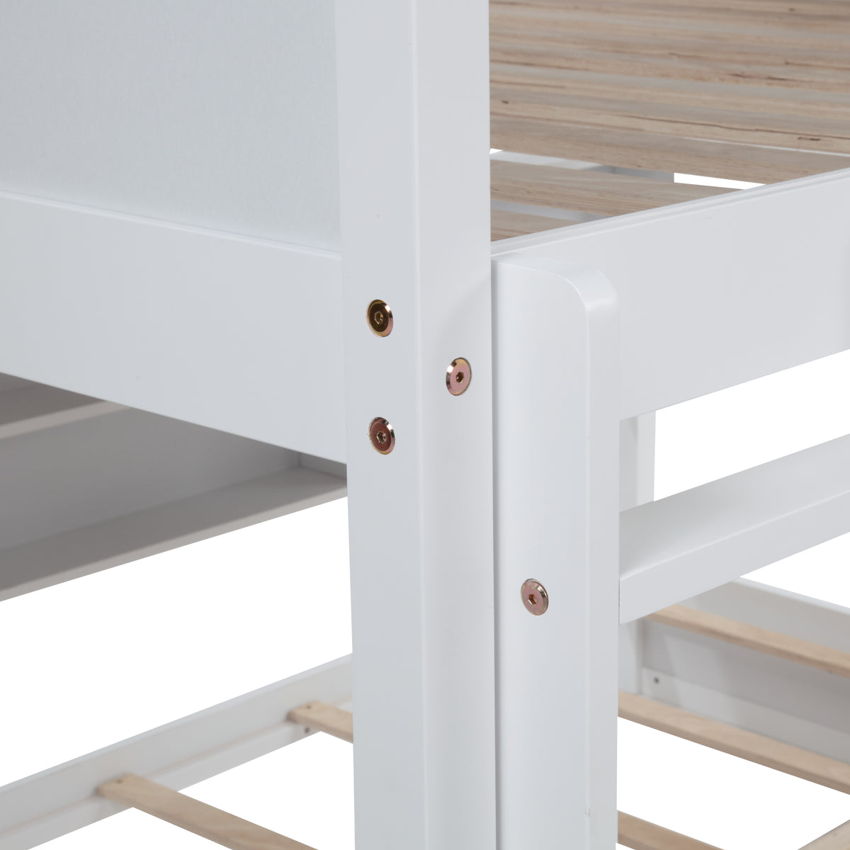 Nyla white queen over queen solid pine bunk bed close-up of the post and rail joinery