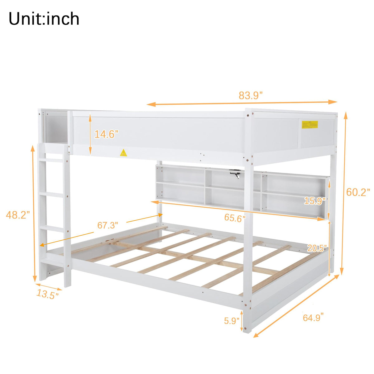 Nyla white queen over queen solid pine bunk bed with storage cabinets and charging station showing overall product dimensions