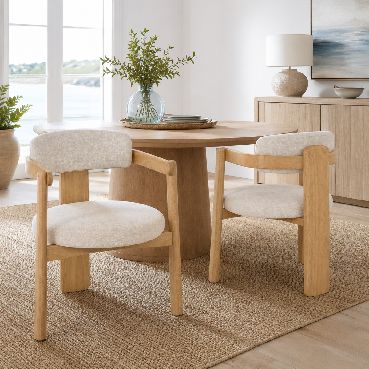 Onega natural dining chair showing chairs around a round dining table