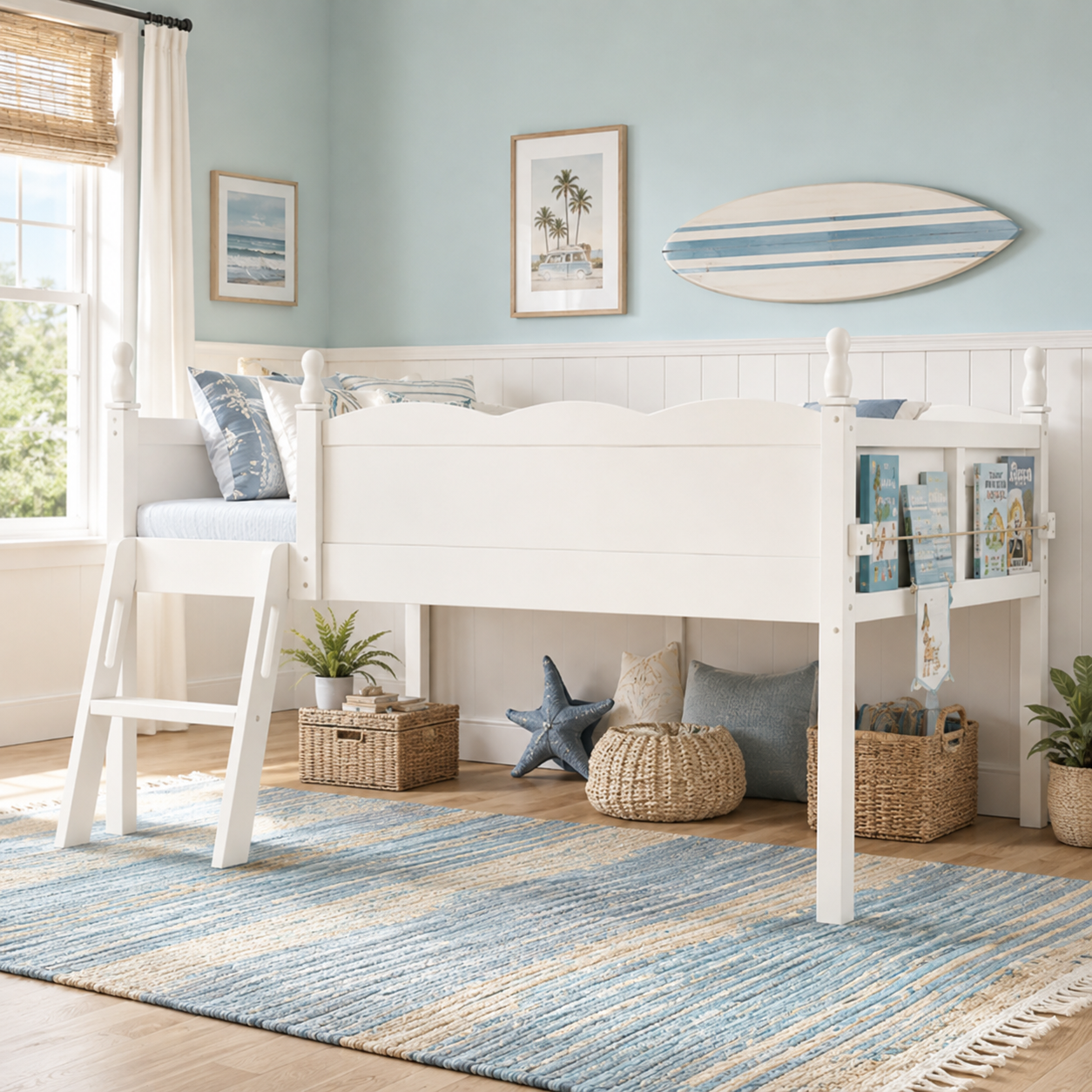 Orelia beige loft bed showing a full size low loft bed with book sling and full-length guardrails in a bright bedroom
