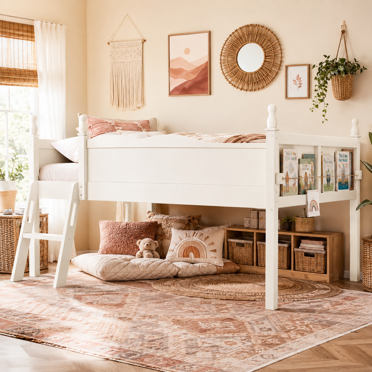 Orelia beige loft bed showing a twin low loft setup with ladder and open underbed space in a bright bedroom