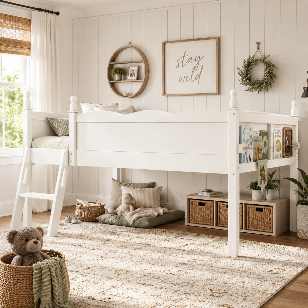Orelia beige loft bed showing a low loft layout with open floor space and ladder in a bright room