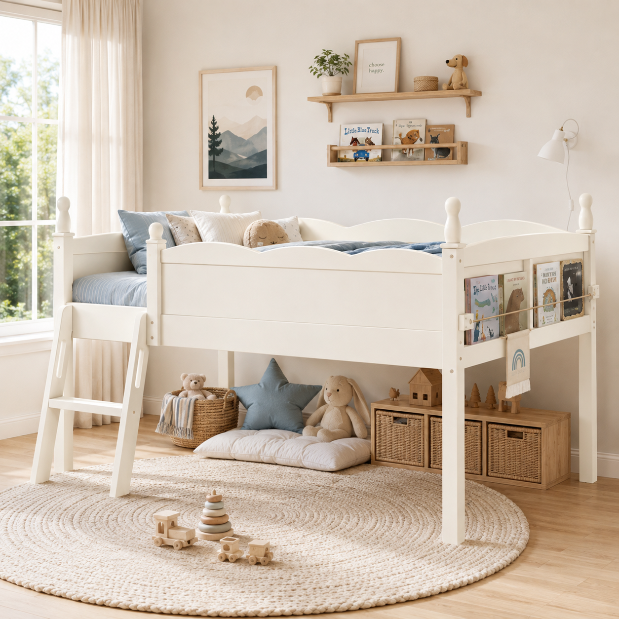 Orelia beige loft bed showing full-length guardrails and underbed storage in a neutral bedroom