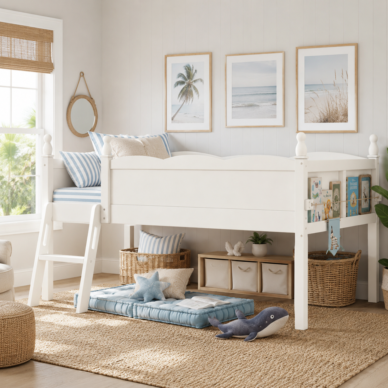 Orelia beige loft bed showing a bedroom setup with soft neutral styling and underbed storage space