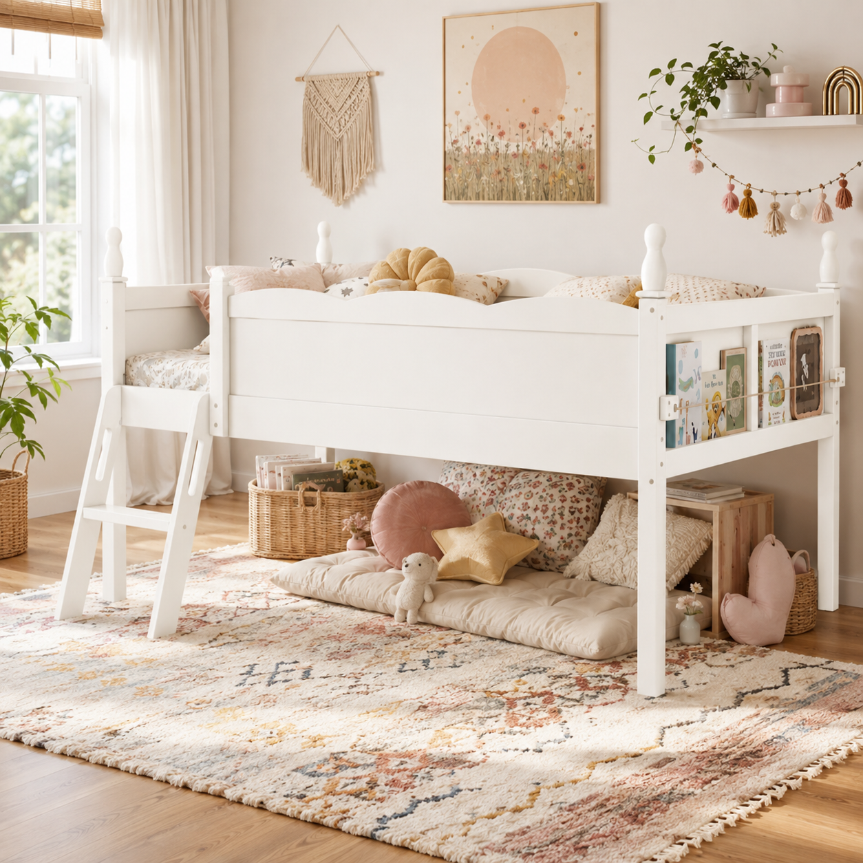 Orelia beige loft bed showing a low loft layout with ladder and book sling in a bright bedroom